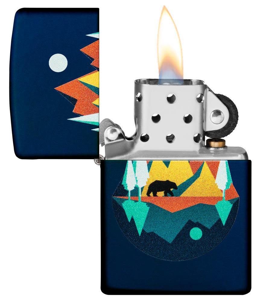 Front view of the Geometric Bear and Mountains Design Lighter open and lit